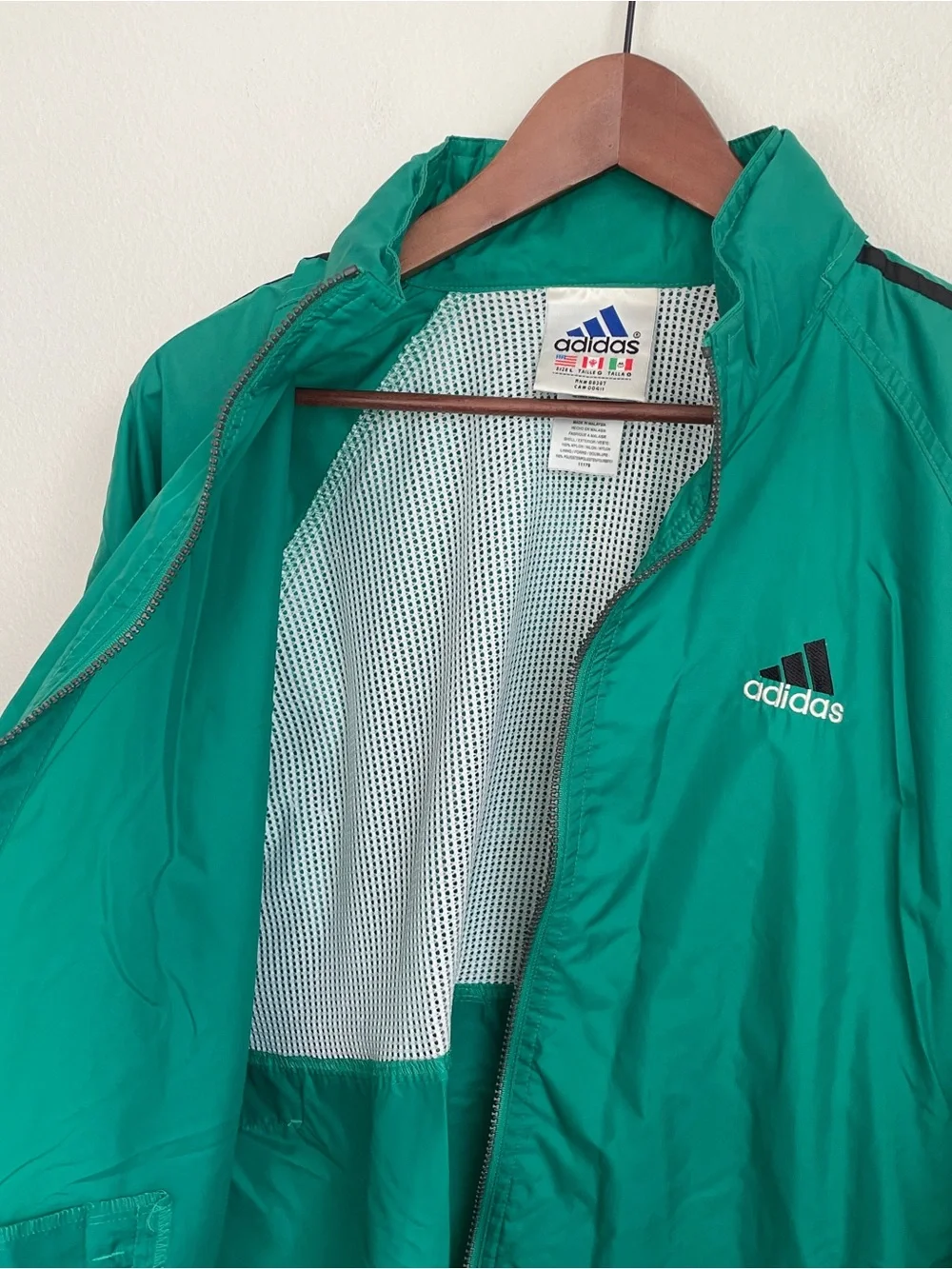 Adidas Vintage 90s Green 3-Stripe Windbreaker Track Jacket Nylon Mesh Lined Sz L